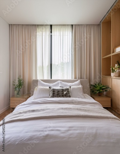 Wallpaper Mural A modern minimalist bedroom with a perfectly made bed, white bedding, and soft natural light filtering through curtains. The simplicity and clean design evoke a sense of calm, rest, and a good night’s Torontodigital.ca
