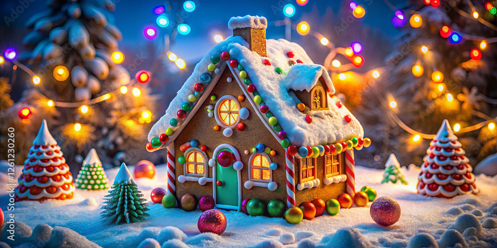 Fototapeta premium A gingerbread house adorned with bright candies and icing stands in a snowy landscape, illuminated by vibrant holiday lights. Pine trees create a magical winter scene