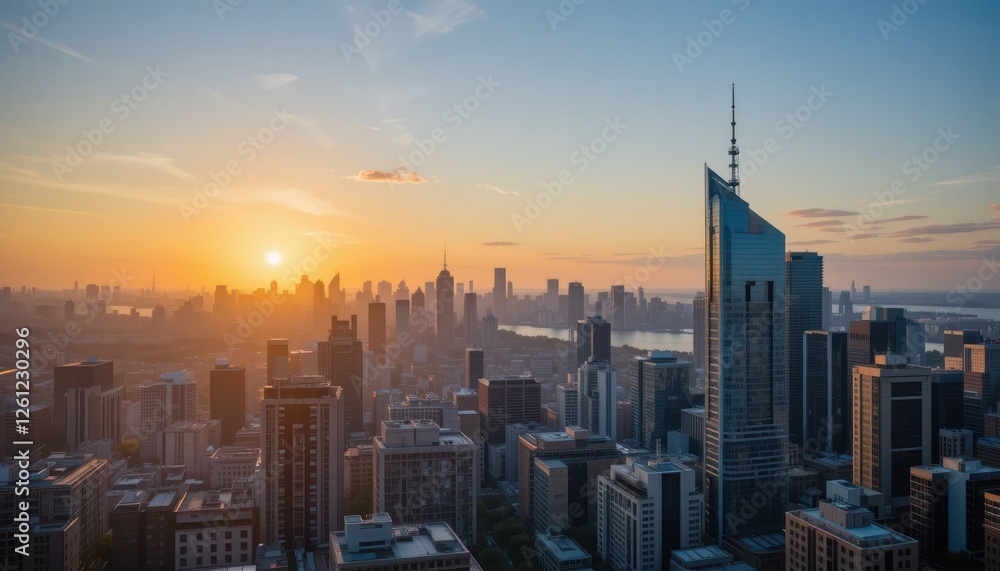 Fototapeta premium Sunrise over cityscape skyline aerial view