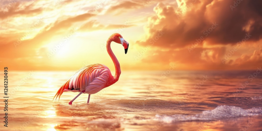 Fototapeta premium A flamingo standing gracefully in a shallow lagoon, pink feathers glowing under golden sunset light