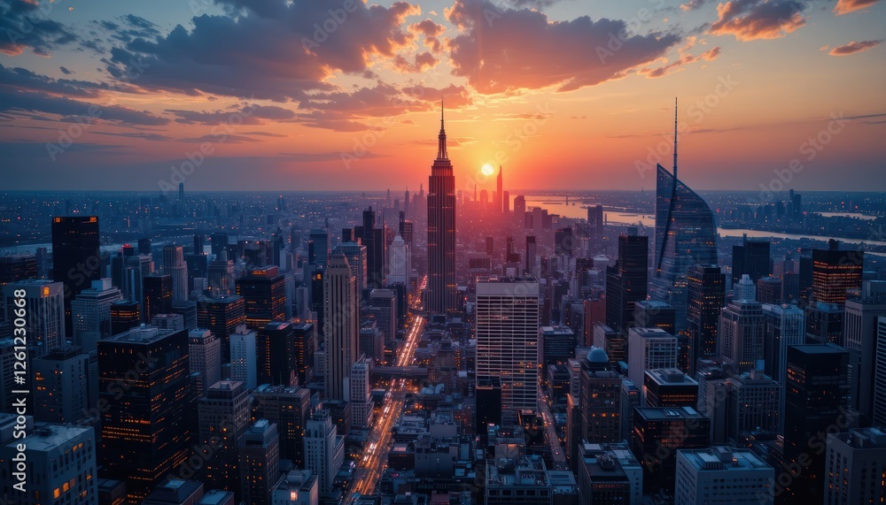 Obraz premium Aerial sunset view of New York City skyline