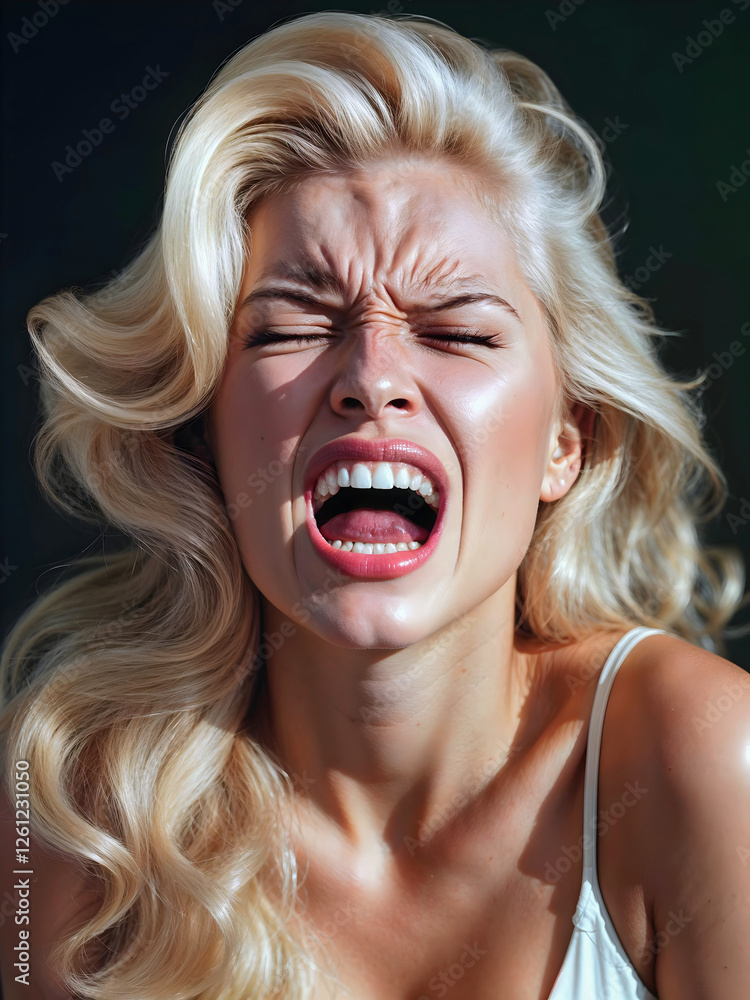 Portrait, pretty blonde woman screaming in pain, pleasure, female orgasm, facial expression