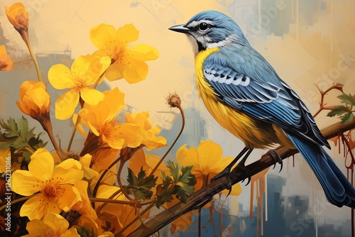 A vibrant blue bird sits gracefully on a branch adorned with yellow flowers. The scene captures the essence of spring, highlighting nature's colors and beauty in a serene setting.