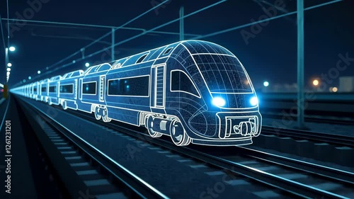 A wireframe hologram of an electric train on the track, depicted with glowing blue lines and white dots representing its digital structure.. AI