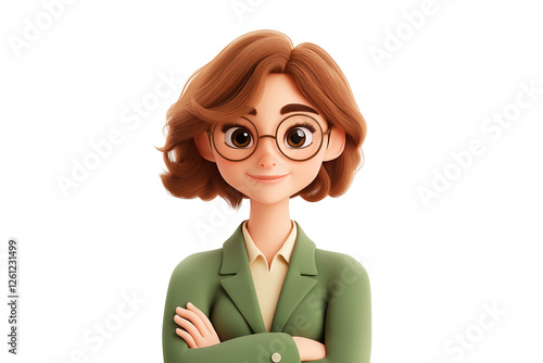 Businesswoman with crossed arms, glasses, and a confident expression, embodying professionalism and success. Funny cartoon character in 3d style design