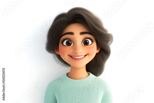 Smiling Indian girl with brown hair wearing a green sweater. Funny cartoon character in 3d style design