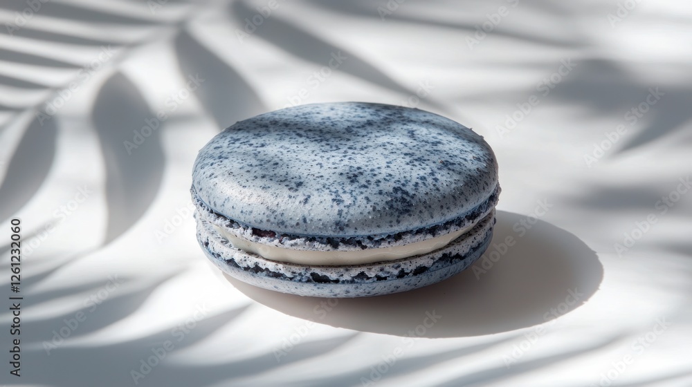 Fototapeta premium A single blue macaron rests on a white surface
