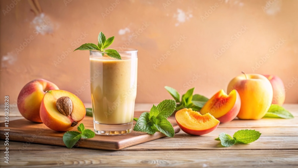 peach smoothie in a sleek glass, surrounded by peach slices and mint, on a soft pastel coral backdrop. Clean design with ample space for text, perfect for vibrant, refreshing content peach smoothie in a sleek glass, surrounded by peach slices and mint, on a soft pastel coral backdrop. Clean design with ample space for text, perfect for vibrant, refreshing content