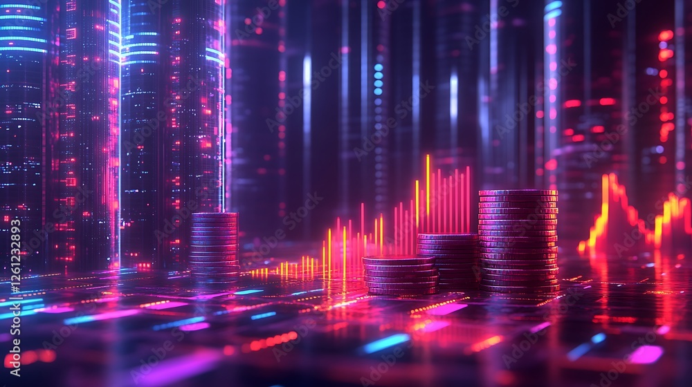 Futuristic Financial Growth Visualization, A digital representation of financial growth, featuring stacks of coins, glowing graphs Futuristic Financial Growth Visualization, A digital representation of financial growth, featuring stacks of coins, glowing graphs