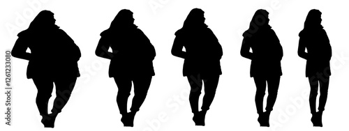 Conceptual fat overweight obese female vs slim fit healthy body after weight loss or diet on white background banner. A  fitness, nutrition or obesity, health shape illustration vector as silhouettes