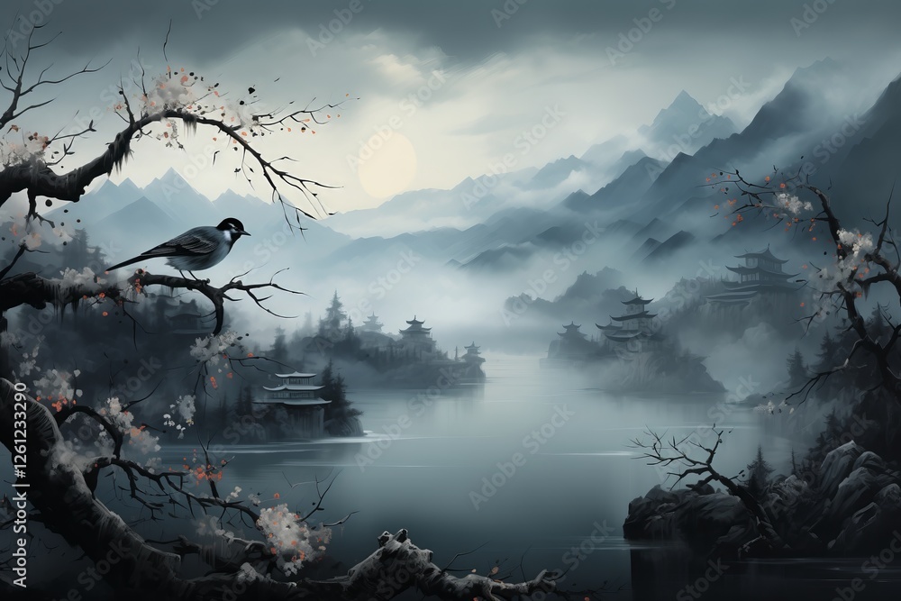 Fototapeta premium A serene landscape features a solitary bird on a branch overlooking a calm lake surrounded by misty mountains. Traditional structures dot the shoreline, creating a mystical atmosphere at dawn.