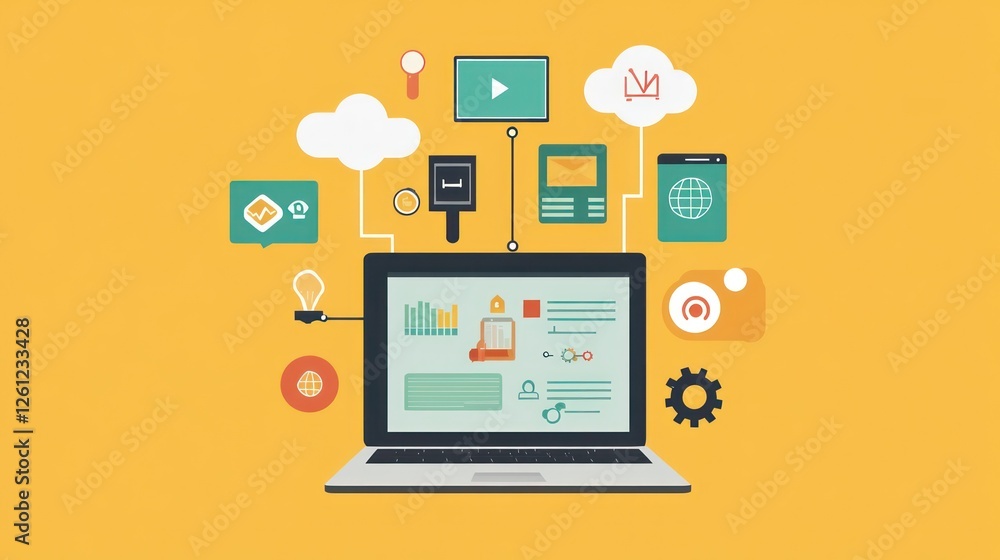 Laptop displaying data analytics and cloud computing illustration concept Laptop displaying data analytics and cloud computing illustration concept