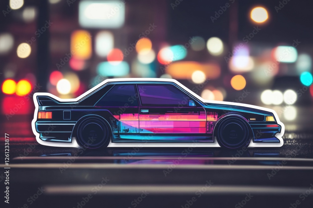 This vibrant image showcases a retro car design highlighted by neon colors, creating a captivating atmosphere that resonates well with urban nightlife aesthetics. This vibrant image showcases a retro car design highlighted by neon colors, creating a captivating atmosphere that resonates well with urban nightlife aesthetics.