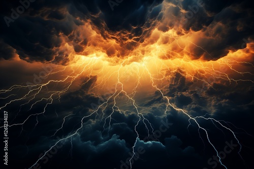 Intense flashes of lightning cut through dark, tumultuous clouds in a stormy sky during twilight.