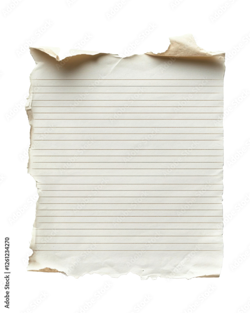 Obraz premium Torn vintage lined notebook paper with distressed edges and a textured surface, perfect for scrapbooking, background designs, or creative projects. Isolated on transparent background, png.