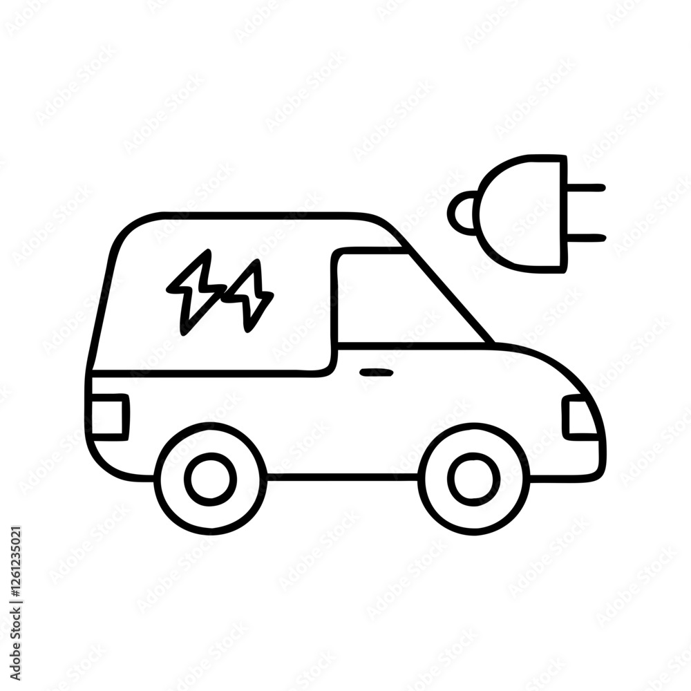 Electric van icon with charging plug in minimalist design - simple black and white line art Electric van icon with charging plug in minimalist design - simple black and white line art