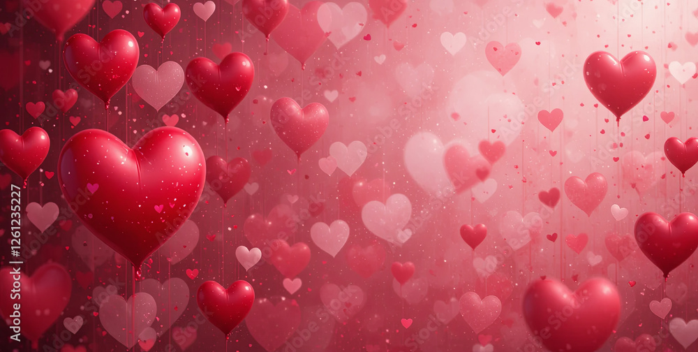 Red heart-shaped balloons hang in a whimsical arrangement against a soft pink background, creating a romantic and festive atmosphere perfect for celebrations Red heart-shaped balloons hang in a whimsical arrangement against a soft pink background, creating a romantic and festive atmosphere perfect for celebrations