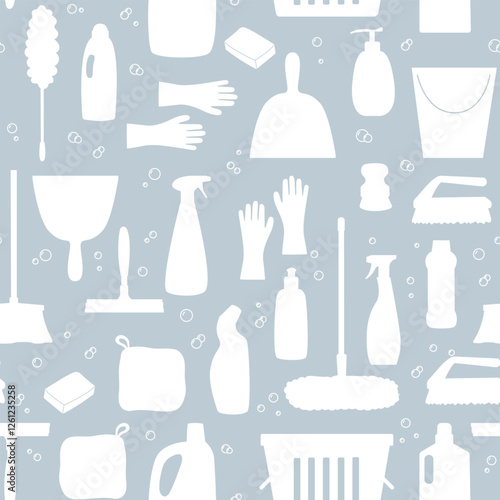 Cleaning service tools and supplies white silhouettes seamless Pattern. Household items for home office cleaning. Simple minimalist cleanup Background. Template for package, wrapping, print, banner