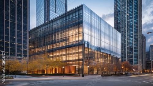 Contemporary Glass Architecture Illuminates the Chicago Skyline at Dusk photo