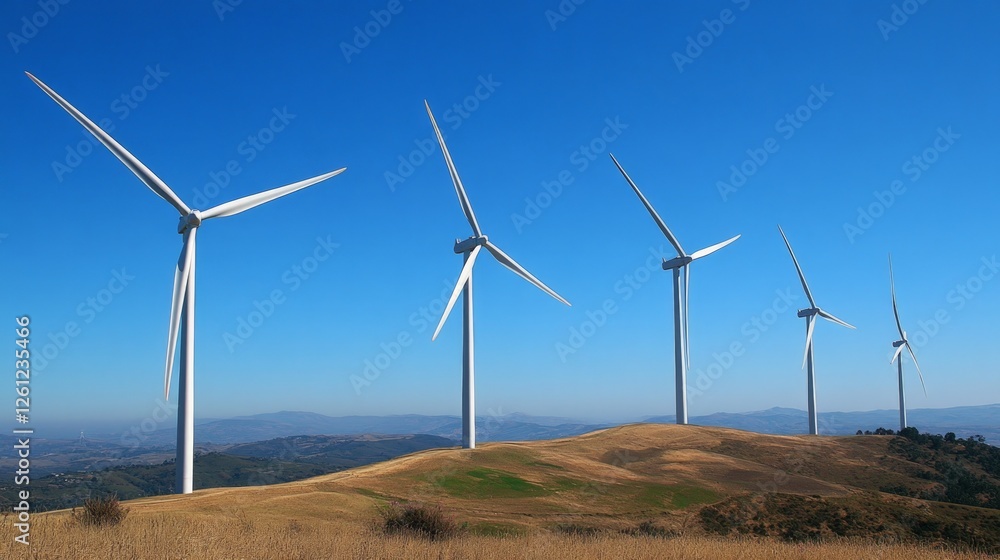 Wind Turbines on Rolling Hills Under Clear Blue Sky Wind Turbines on Rolling Hills Under Clear Blue Sky