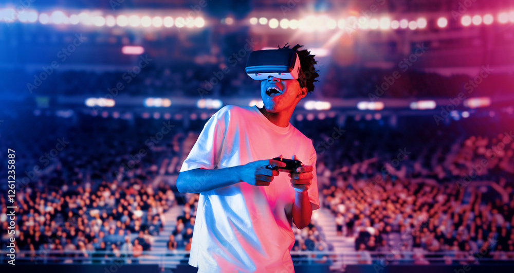 Fototapeta premium Adult holding joystick and wearing VR goggles while enjoy playing games at stadium with blurring background. African man enjoy controlling controller and using augmented reality technology. Ingenuity.