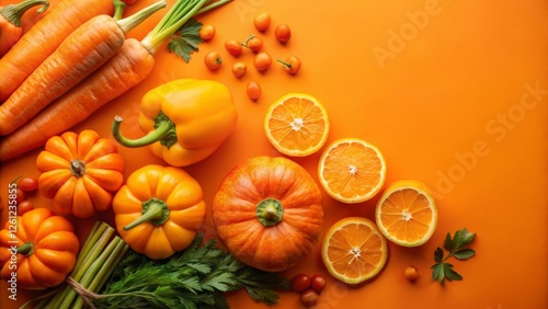 Bright orange vegetables like carrots, orange bell peppers, and pumpkin slices artfully arranged on soft tangerine background. Clean, spacious design, perfect for health-focused content