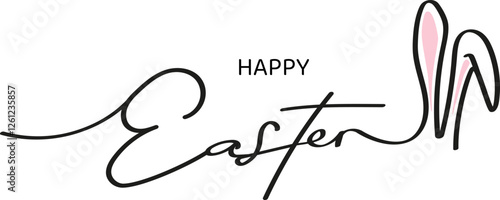 Minimalist and elegant "Happy Easter" calligraphy design with bunny ears incorporated into the lettering. Perfect for Easter greeting cards, invitations, and festive holiday designs