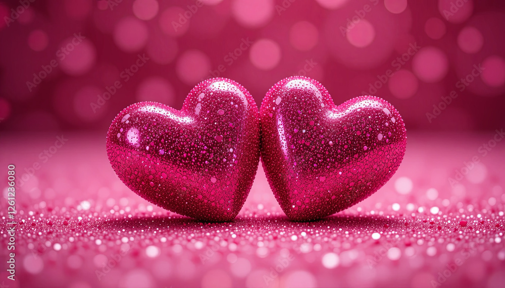 Fototapeta premium Two shiny pink hearts adorned with glitter rest close together against a sparkling pink background, perfect for expressing love during special occasions and celebrations