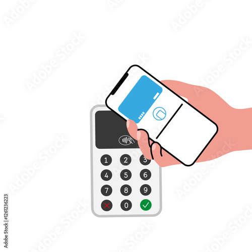 Contactless Payment with Smartphone. Minimalist vector illustration of a smartphone making a contactless payment at a POS terminal. Perfect for fintech, mobile banking, e-commerce, and digital wallet 