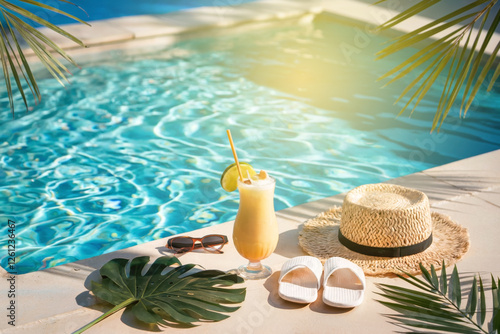 Fresh drink, hat and glasses on floor in front of pool in background, summer vacation concept