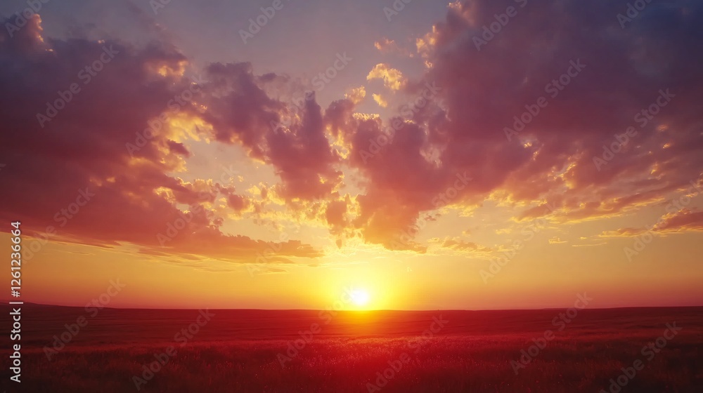 Fototapeta premium Stunning Sunset Landscape Vibrant Orange Red Sky Dramatic Clouds Golden Hour Peaceful Nature Scene Serene Tranquil Beautiful Horizon Summer Evening 