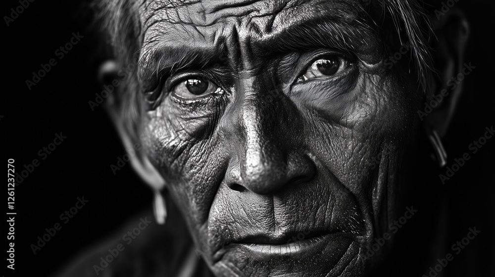 Elderly hispanic male with deep wrinkles and intense expression in black and white portrait Elderly hispanic male with deep wrinkles and intense expression in black and white portrait