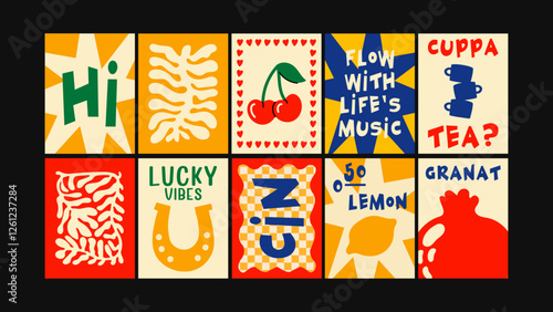 Minimalist and colorful abstract food prints for kitchens and cafes. Trendy wall decor inspired by modern artistic movements