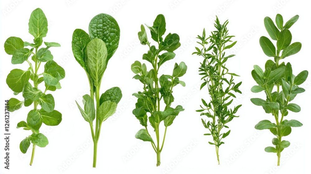 Fresh herbs assortment, cooking ingredients, white background, culinary use Fresh herbs assortment, cooking ingredients, white background, culinary use
