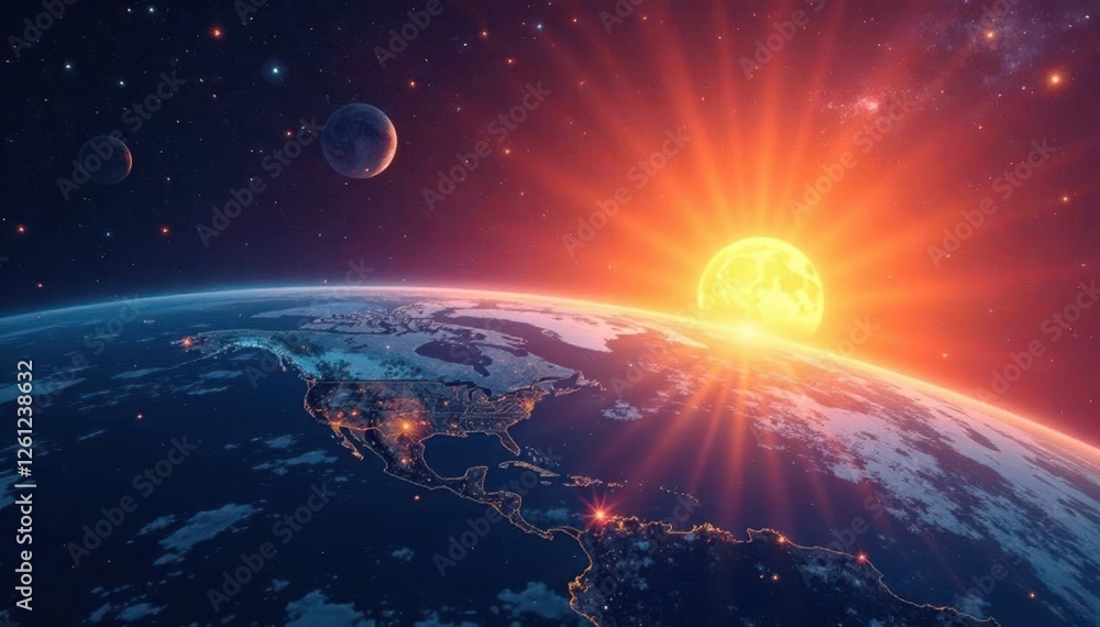 Fototapeta premium Sunrise paints Earth's curve, cosmic backdrop , outer space, light, stars