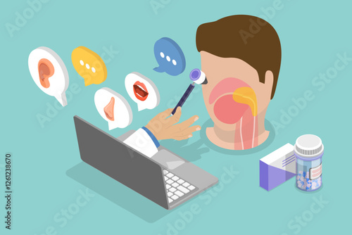3D Isometric Flat Vector Illustration of ENT, Conducting Online Examination of Ears, Nose and Throat