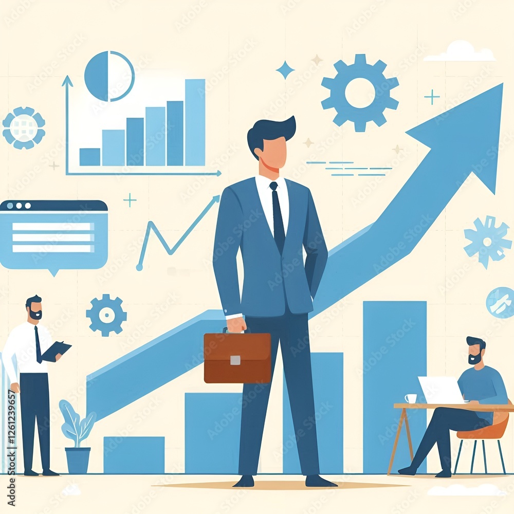 Businessman standing confidently amidst growth charts and team members in a corporate setting Businessman standing confidently amidst growth charts and team members in a corporate setting