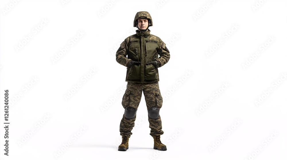 A soldier in a military uniform and helmet standing confidently with hands on hips against a plain white background
A soldier in a military uniform and helmet standing confidently with hands on hips against a plain white background