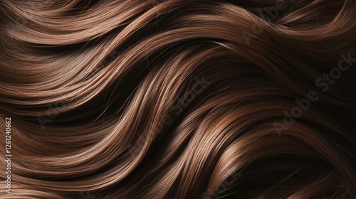 Rich brown wavy hair texture captured in soft natural light during a close-up view, Mocha Mousse trend color