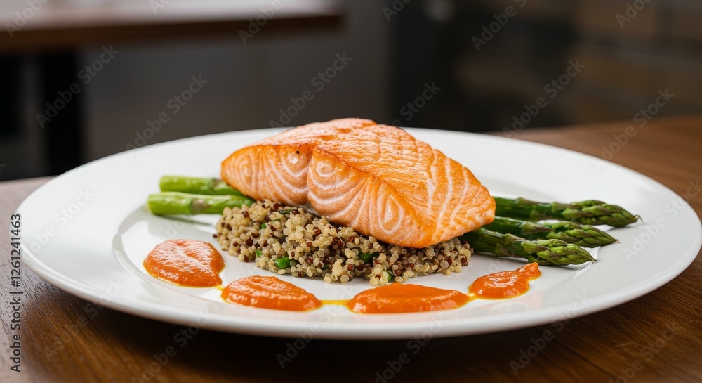 Exquisite salmon fillet perched upon quinoa, asparagus, and zesty sauce Exquisite salmon fillet perched upon quinoa, asparagus, and zesty sauce