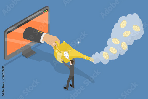 3D Isometric Flat Vector Illustration of Investment Growth, Businessman Rubbing Magic Lamp and Tetting Money Instantly