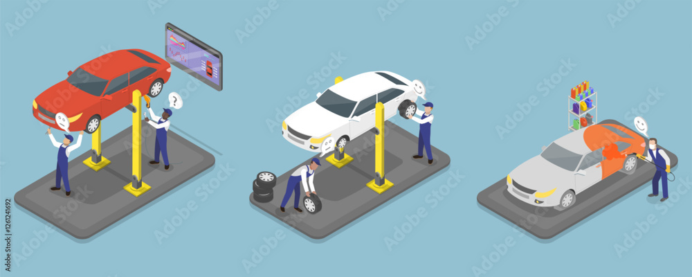 Obraz premium 3D Isometric Flat Vector Illustration of Auto Repair, Car Check Up Services