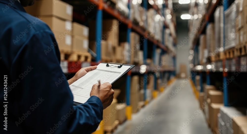 Fototapeta premium Person checking inventory in warehouse with clipboard