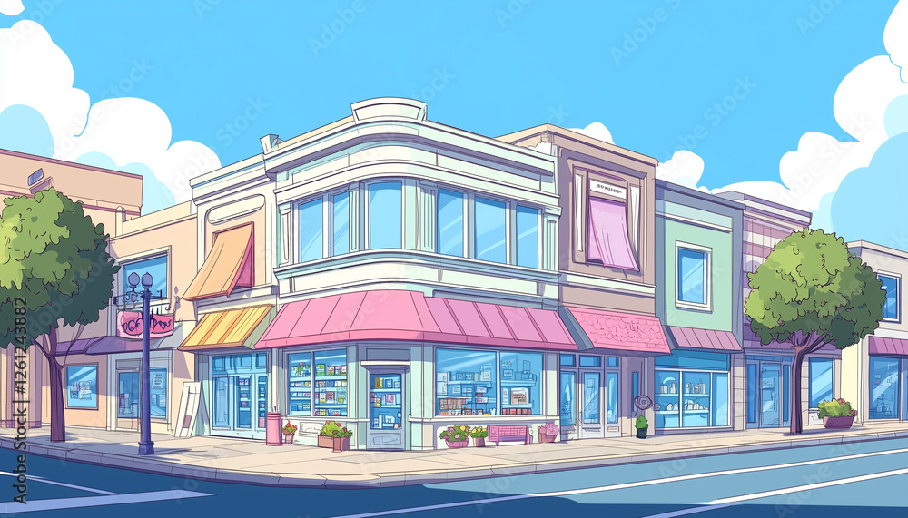 Obraz premium full color cartoon isometric storefront with outline strokes