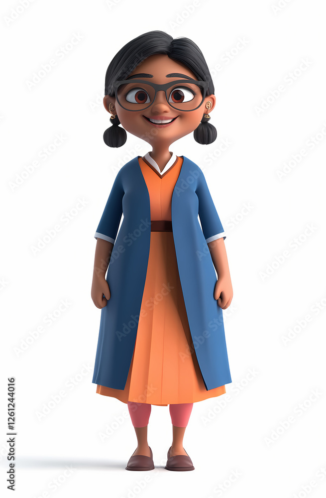 3D character of an attractive young Indian woman with glasses, wearing a blue blouse and peach shirt 3D character of an attractive young Indian woman with glasses, wearing a blue blouse and peach shirt
