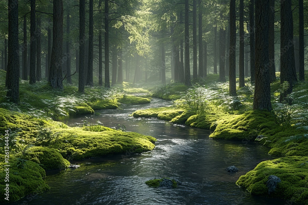 Fototapeta premium Sunlit stream flows through mossy forest. Peaceful nature scene
