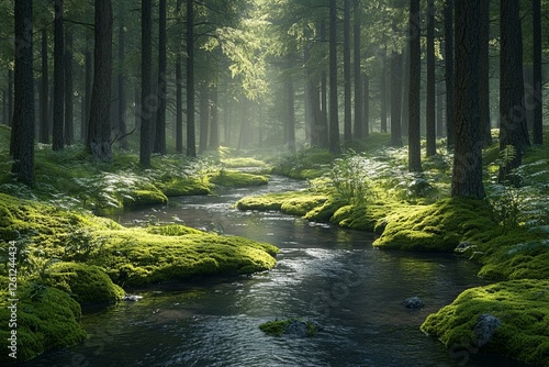 Sunlit stream flows through mossy forest. Peaceful nature scene