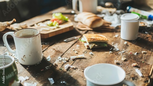 Messy wooden table, leftover food, coffee mugs. photo