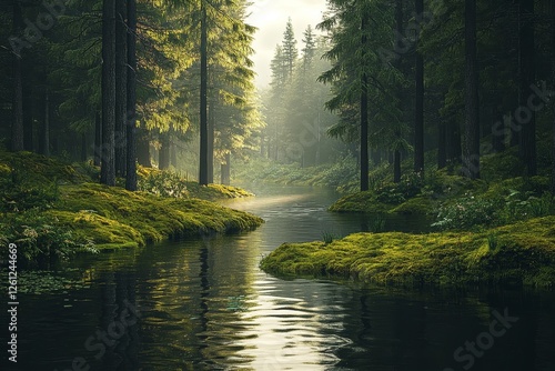 Misty forest stream, sunlight, moss, tranquility, nature scene, wallpaper