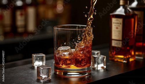 A glass of whiskey being poured with ice cubes on a bar. The liquid splashes as it fills the glass, creating a dynamic scene. 